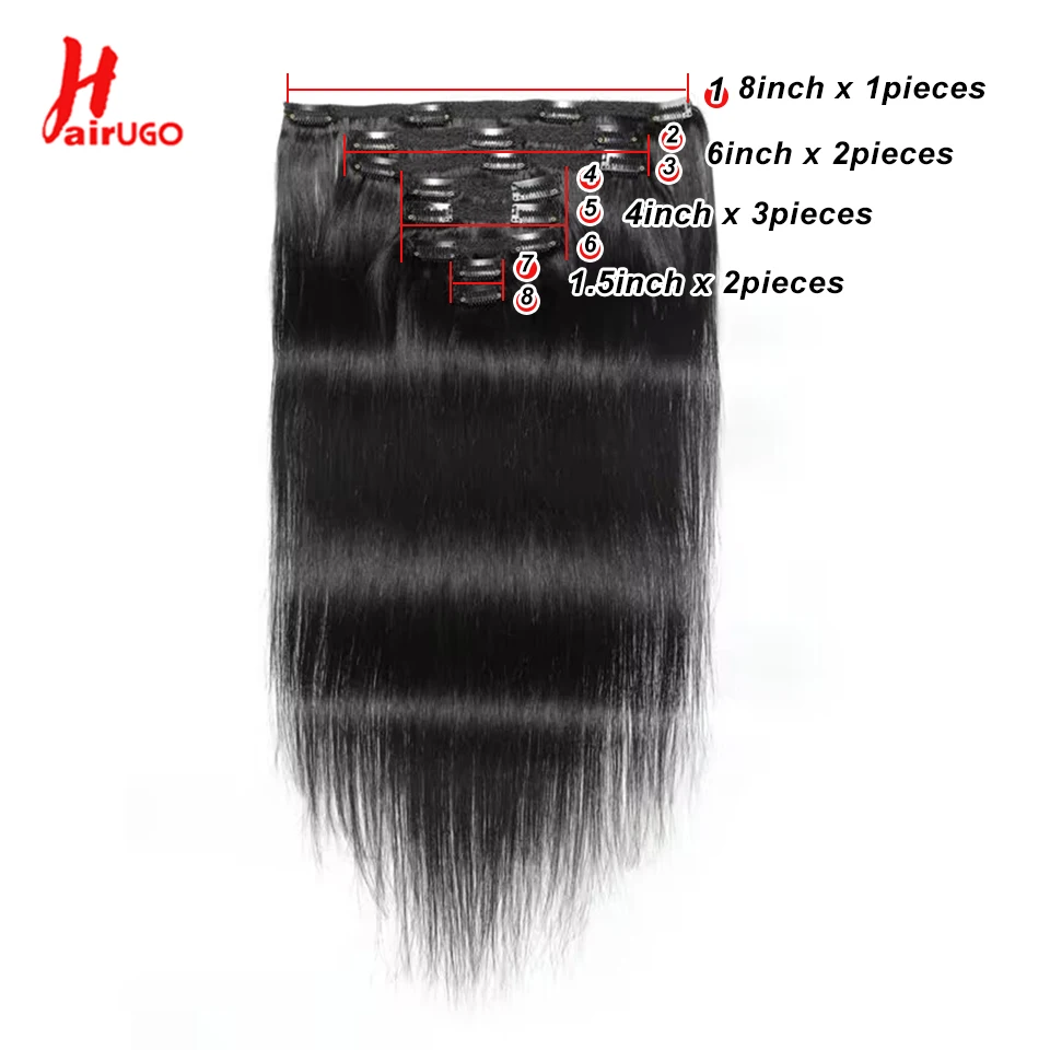 HairUGo Brazilian Human Hair Clip In Extension Straight Brazilian Non-Remy Human Hair 8 Pieces/Sets Full Head 120G Clip In