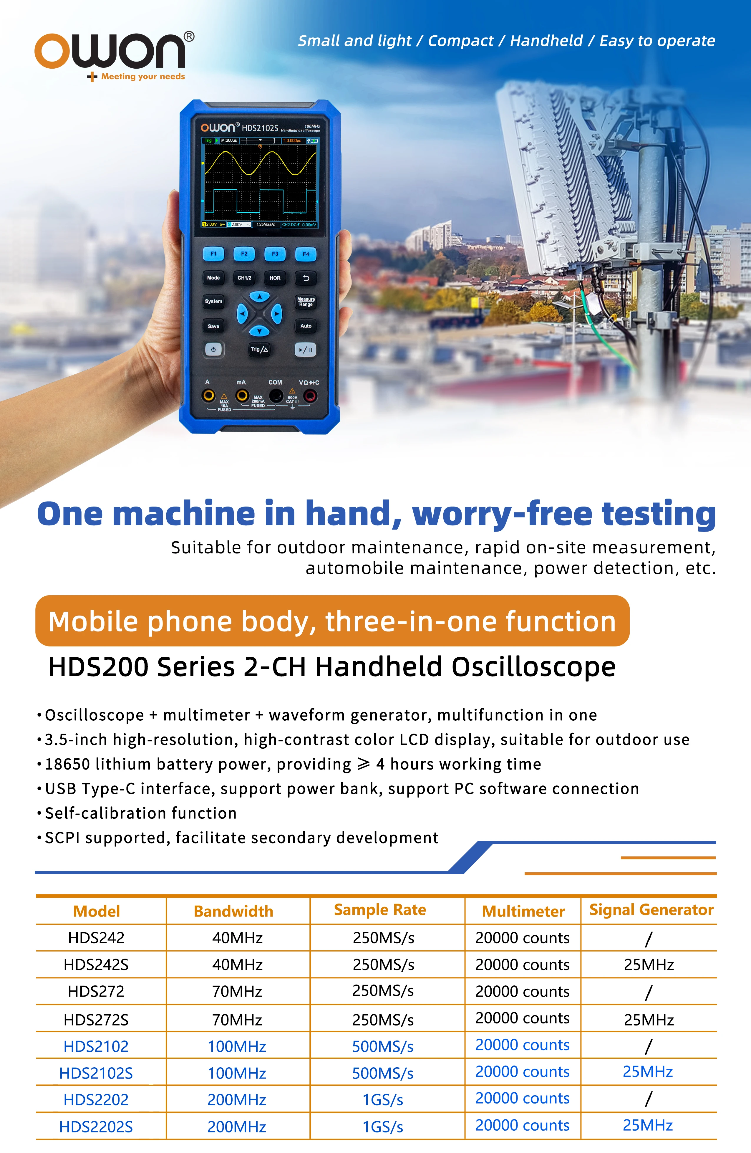 HDS242S HDS272S HDS2102S HDS2202S Handheld Digital Oscilloscope 200MHz 1GSa/s 2C