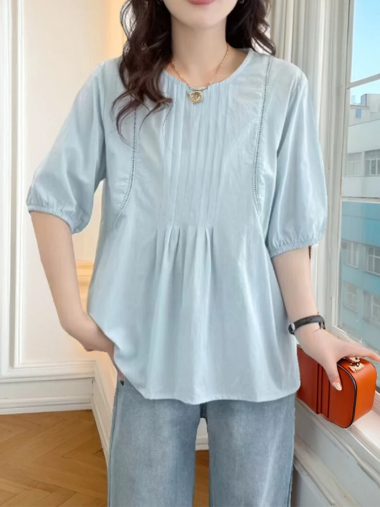 임산부 셔츠 여름 신상 루즈핏 반팔 라운드넥 순면 패셔너블 여성 셔츠 한국 스..