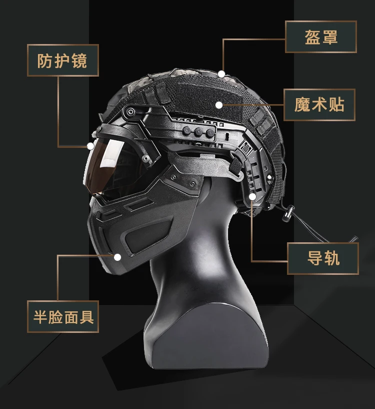 Taktische ABS PJ Helm Schwarz Camouflage Helm Abdeckung Tuch Schiene Montieren Visier Flip Up Brille Halbe Gesichtsmaske Set Jagd Zubehör – Detail 4