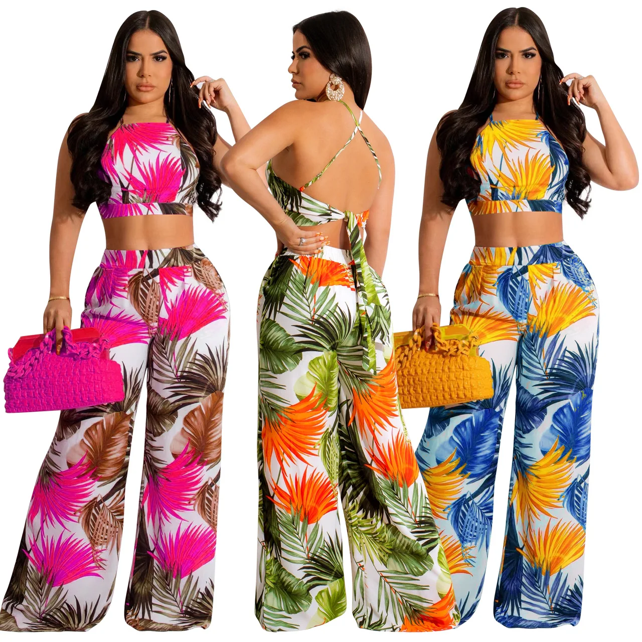 Women Summer Beach Vacation Wide Leg Trousers & Crop Tops Two Piece Set Ladies Sexy Off Shoulder Strapless Tops Loose Pants Set