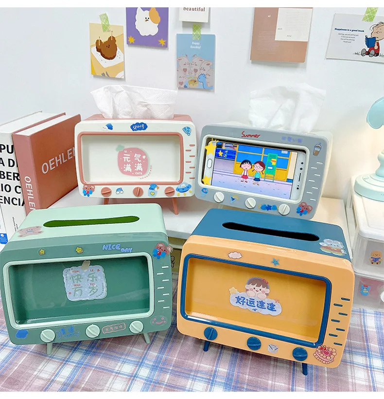 Cute Multifunction Tissue Box Holder Square for Home Kawaii Desktop Decor Tv Tissue Box Case Pink Phone Holder Storage Organizer 3