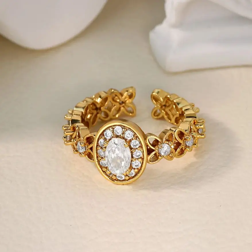 Zircon Oval Flower Rings for Women 18K Gold Plated Stainless Steel