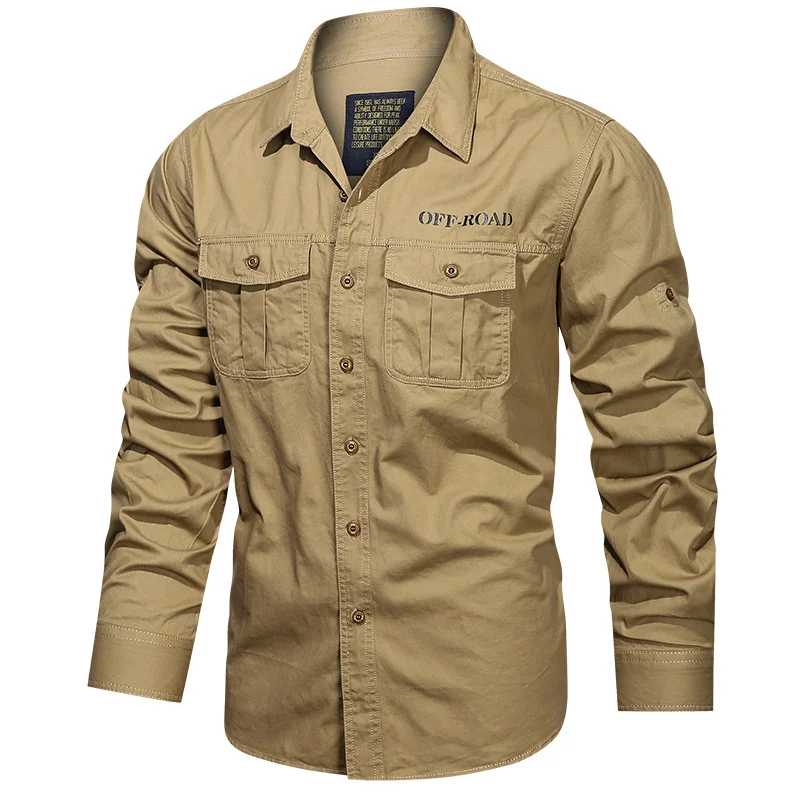 

Spring Autumn Long Sleeve Shirt Men Outdoor Casual Military Male Turn Down Collar Pure Cotton Safari Style Large Size Tops