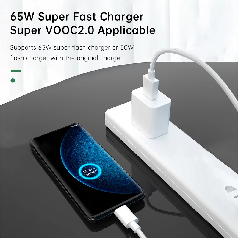 2M Original 65W 6A USB Type C Cable 5A Super Vooc Charger Kable