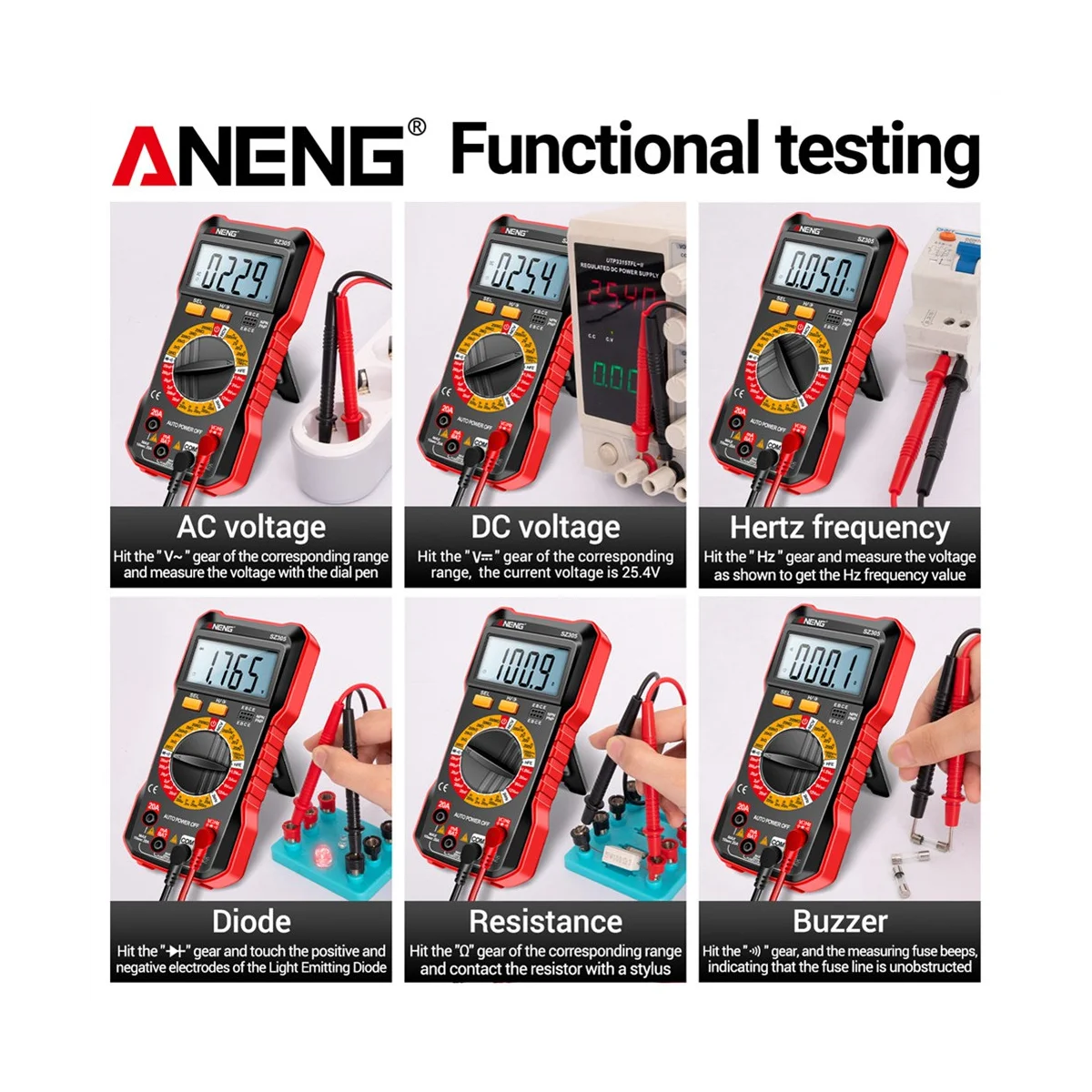 

ANENG SZ305 1999 Counts Multimeter Capacitor Testers Smart Voltmeter AC/DC Voltage Current Resistance Ohm Test Tools Red