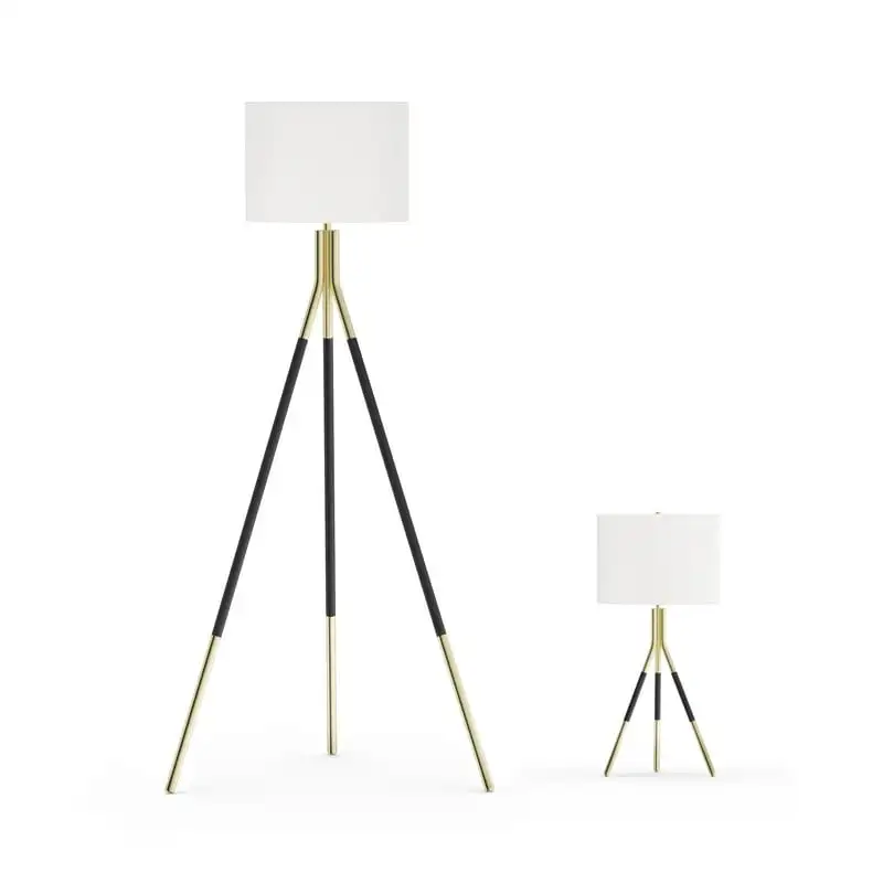 

Tripod Floor Lamp and Table Lamp Set, Black and Gold