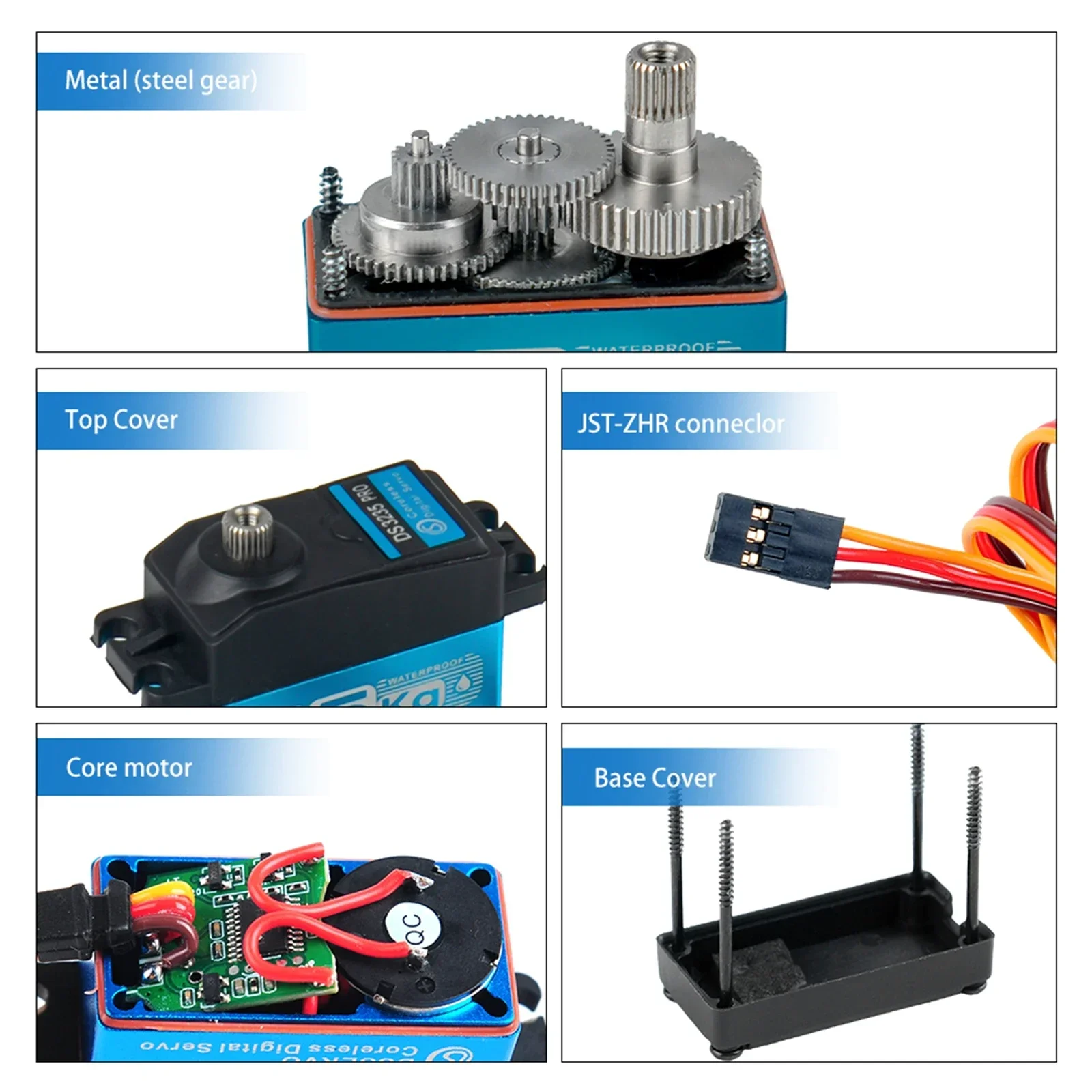 Servo robotique 35Kg DS3235 PRO étanche IP66, détails des fixations et câble