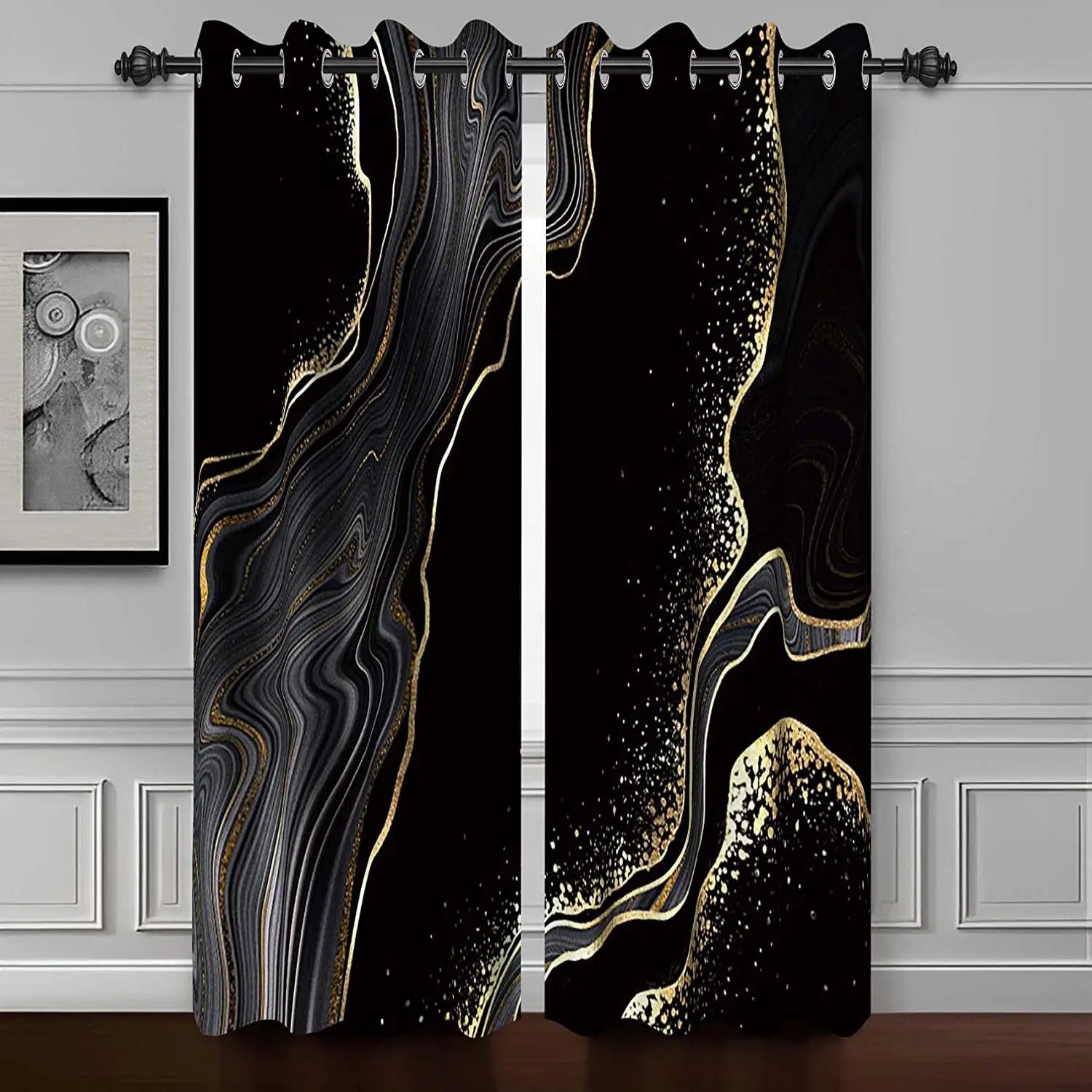 

Black Texture Marble Window Curtains for Living Room, Luxury Bedroom Art, Fluid Black Golden