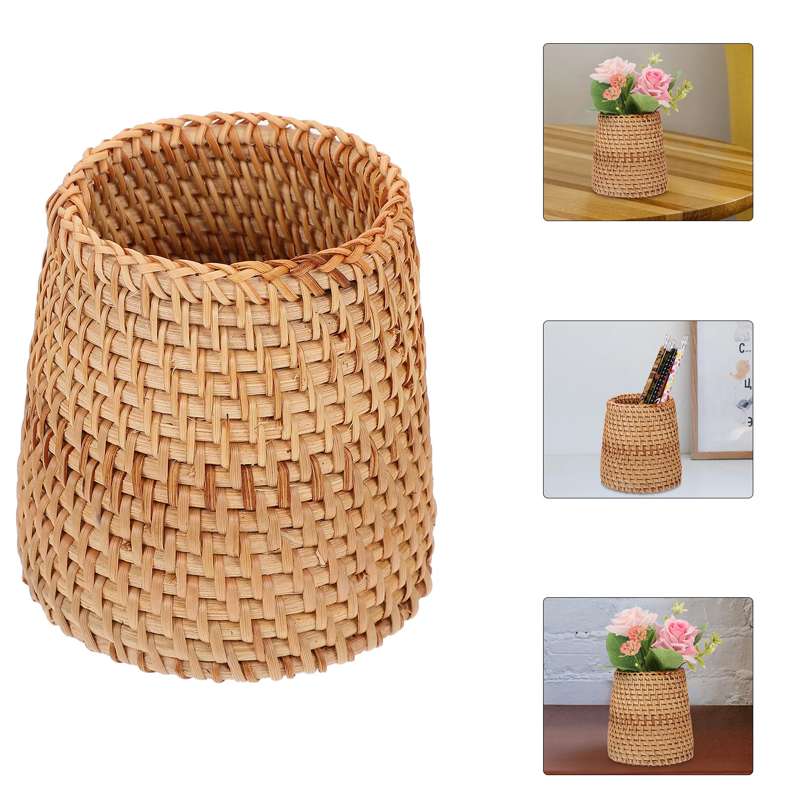 

Round Woven Basket Rattan Storage Tube Wedding Decor Desktop Sundries Organizer