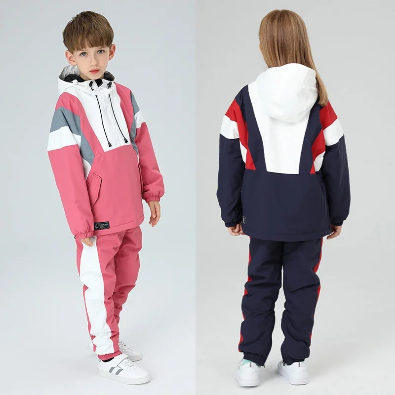 Boys Girls Skiing Suit Winter Outdoor Warm Windproof Waterproof Children Ski Hoodie Jacket+Ski Pants Suit Kids Snowboarding
