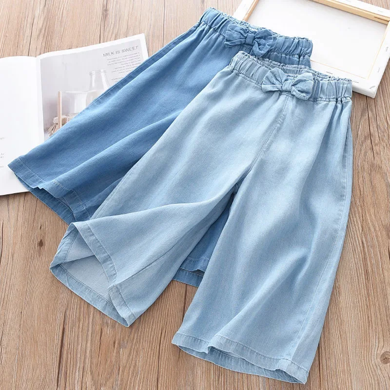 

2024 New Fashion Children Wide Leg Pants Summer Casual Thin Chiffon Cropped Trousers For Teenager Girls Clothes 2 4 6 8 10 Years