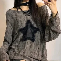 Y2K Hole Star Print T-Shirt Women Fashion Streetwear Off Shoulder Tops Summer Oversized Kpop Long Sleeve Loose Tees Ladies New 2
