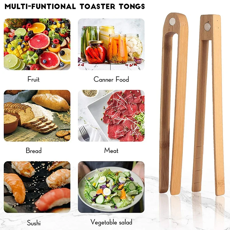 Magnetic bamboo toaster tongs 8.7 Inch wooden kitchen toast tongs cooking natural bamboo kitchen utensils 2 Pieces