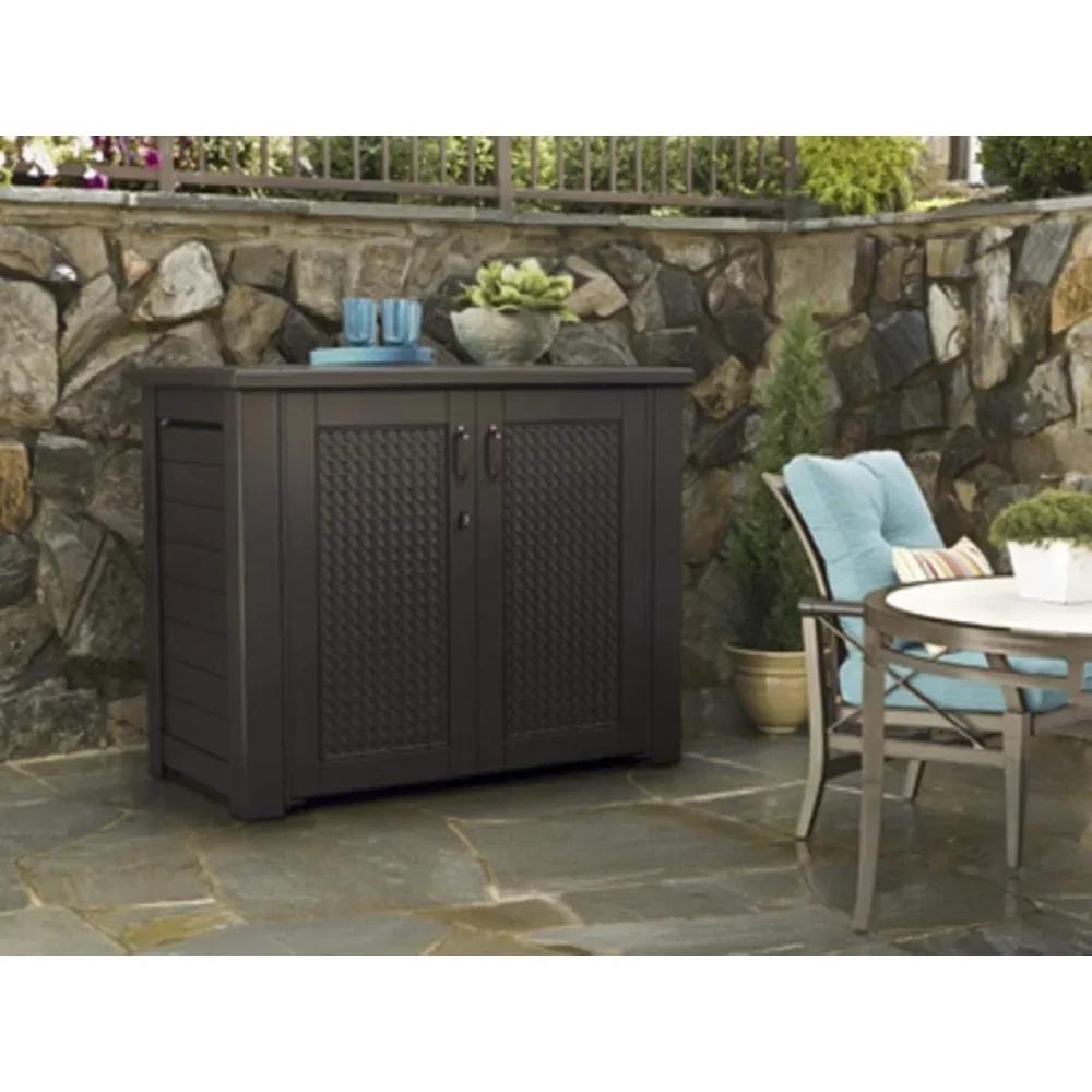 

New-Rubbermaid Extra Large Decorative Patio Storage Cabinet, Weather Resistant, 123 Gal., Dark Teakwood