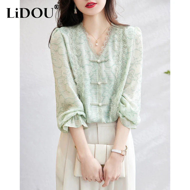 

Женская Однотонная рубашка с V-образным вырезом, с пышными рукавами