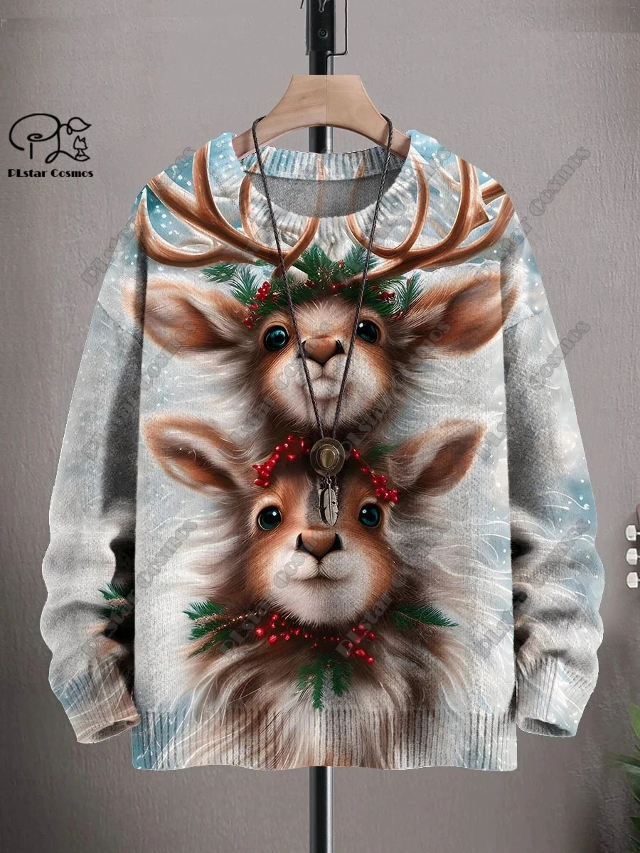 thumbnail image 1 of Suéter feo informal unisex de invierno con impresión 3D, diseño de árbol de Navidad, Papá Noel, copo de nieve, alce y gato, 1 of 4