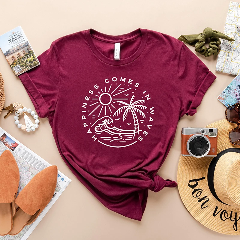 

Happiness Comes In Waves Women Graphic T Shirts Holiday Vocation T-shirt Summer Fashion Short Sleeve Mom Life Clothes Aesthetic