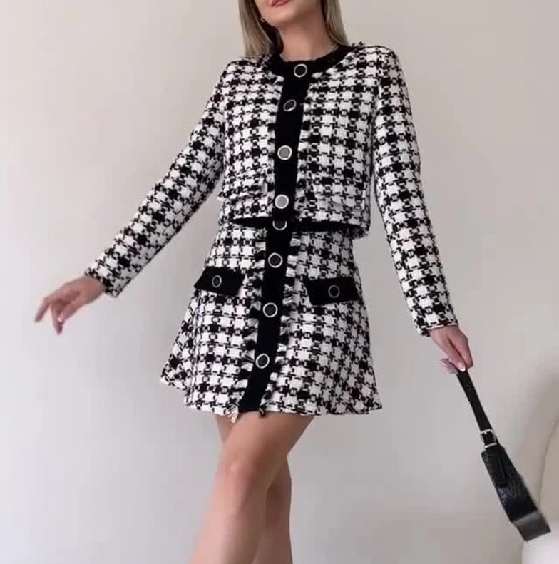 Elegant Women's Skirt Suit 2023 New Autumn Fashion Commuting Houndstooth Black and White Top and Small Fragrant Skirt Suit