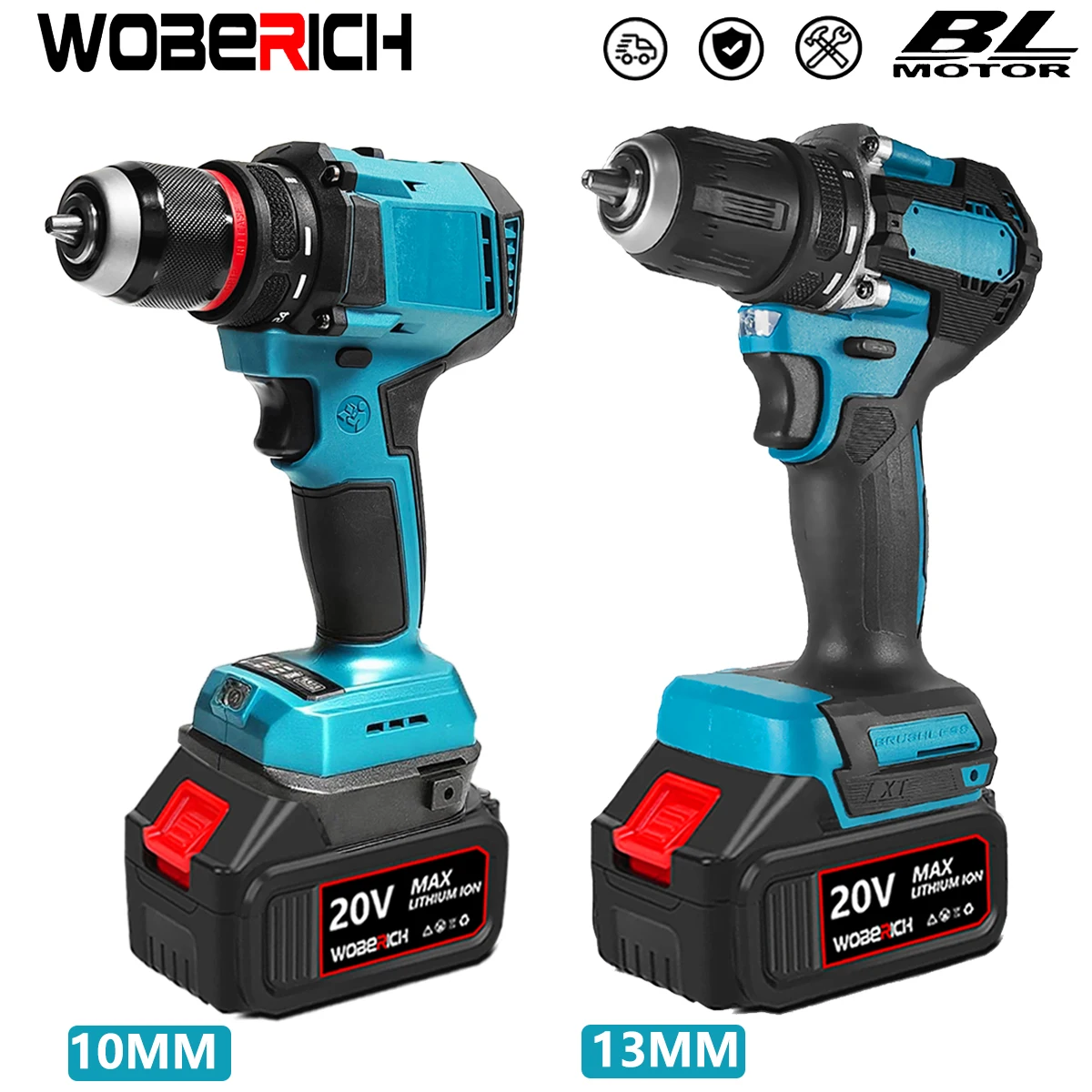 WOBERICH 10mm 13mm Chuck Brushless Compact Cordless Electric Tool Drill Tools Power For Makita 18V Battery