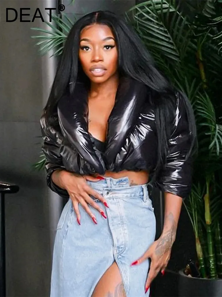 

Женское Стеганое пальто на одной пуговице DEAT, Короткие Зимние Куртки из искусственной кожи с воротником-стойкой и длинным рукавом, 7AB1669, 2024