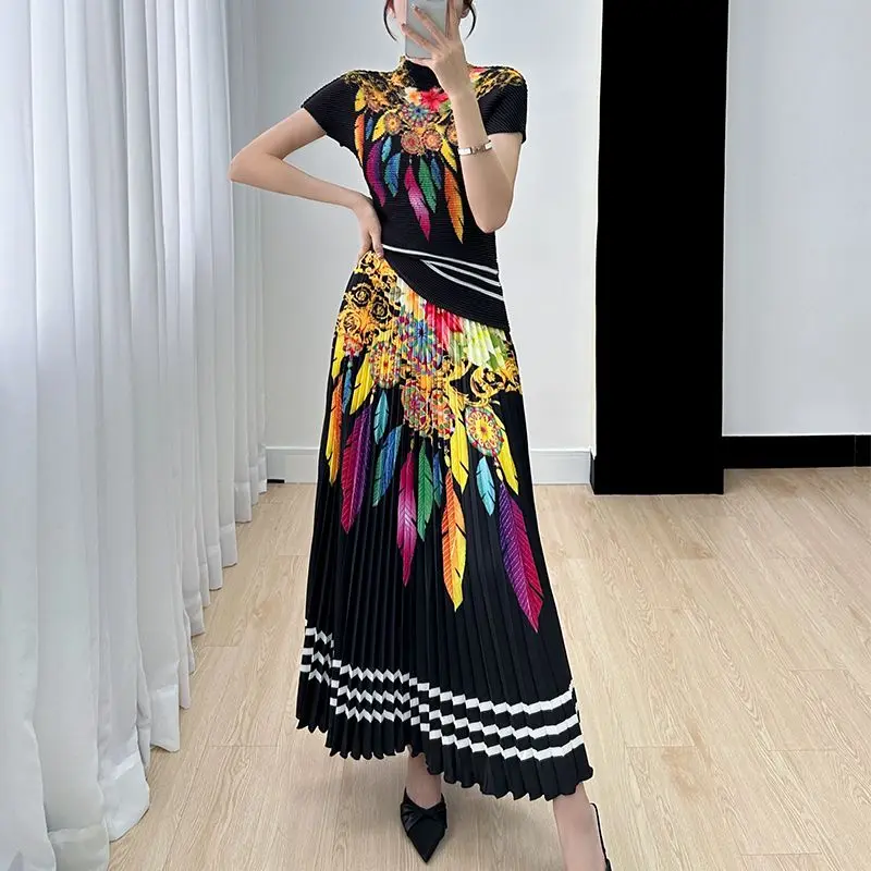 Women's Sets 2 Pieces Set Short Sleeve Top Pleated Long Skirt Woman Clothing Printed Retro Corn Grain Summer New Design Slim