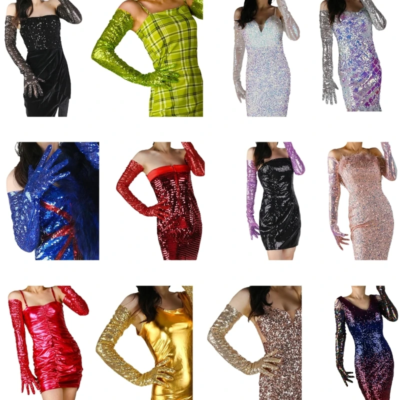 

Woman Long Sleeve Glove with Sequins Design Sequins Full Finger Elegant Gloves