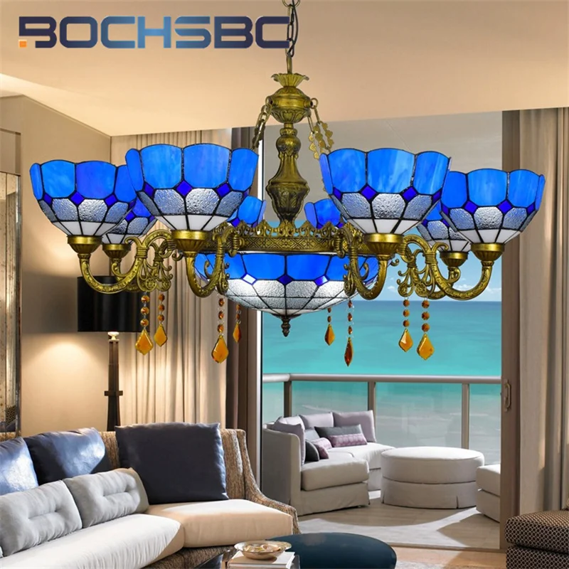 

BOCHSBC Tiffany style stained glass Pastoral Mediterranean Blue Diamond Crystal Chandelier Living Room Restaurant Hotel LED deco