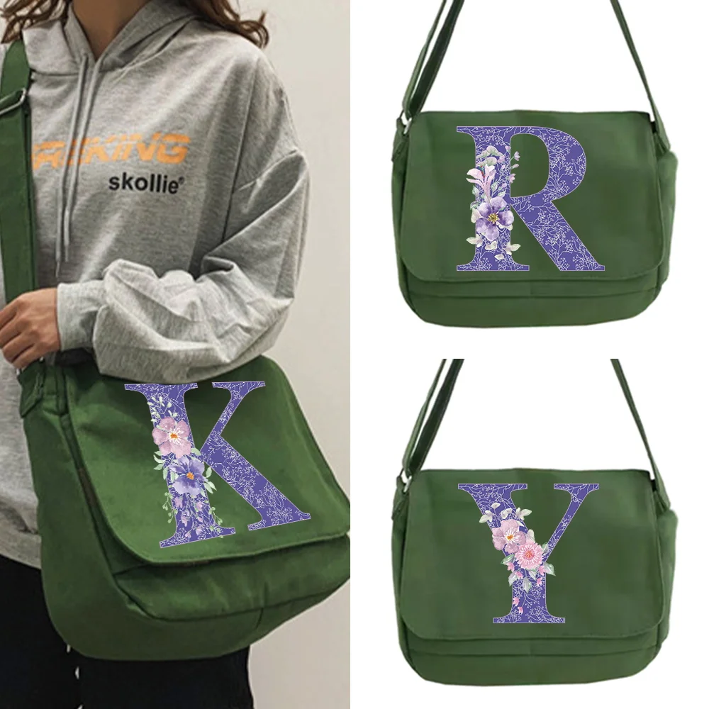 

2022 Shoulder Messenger Bags Women Organizer Casual Wild Crossbody Case Purple Flower Print Satchels Simple Japanese Canvas Bag