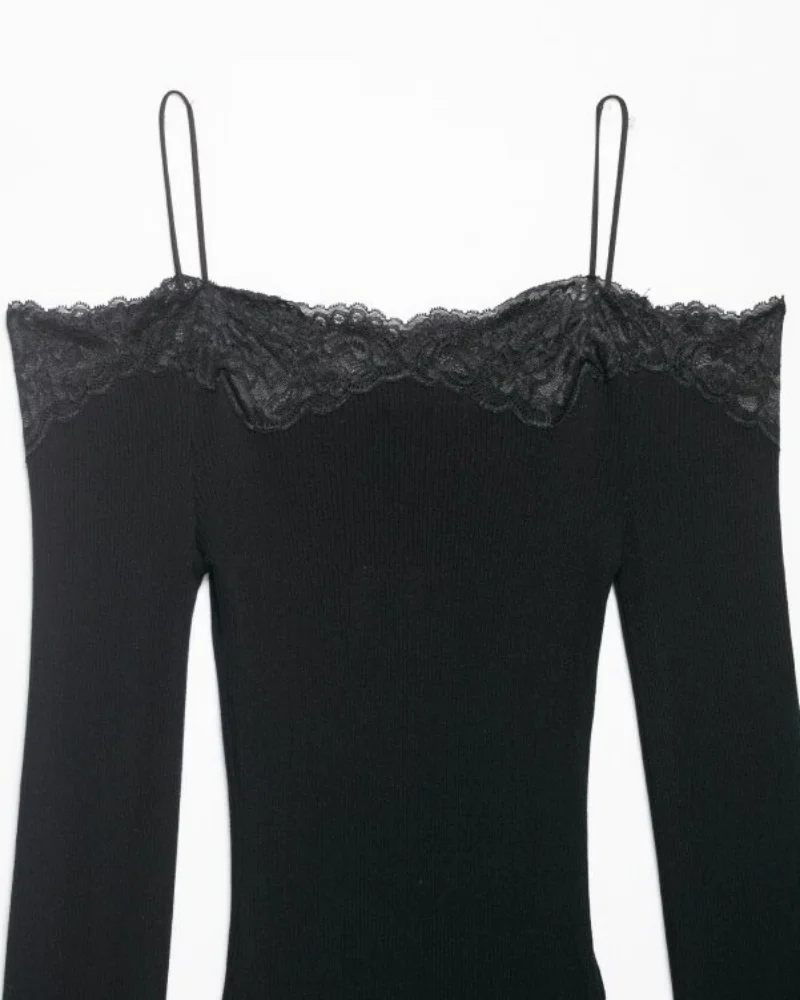 Lace Trim Off Shoulder Long Sleeve Knit Top for Women, Sexy Slim Fit Camisole, Spring Summer Casual Fashion Top