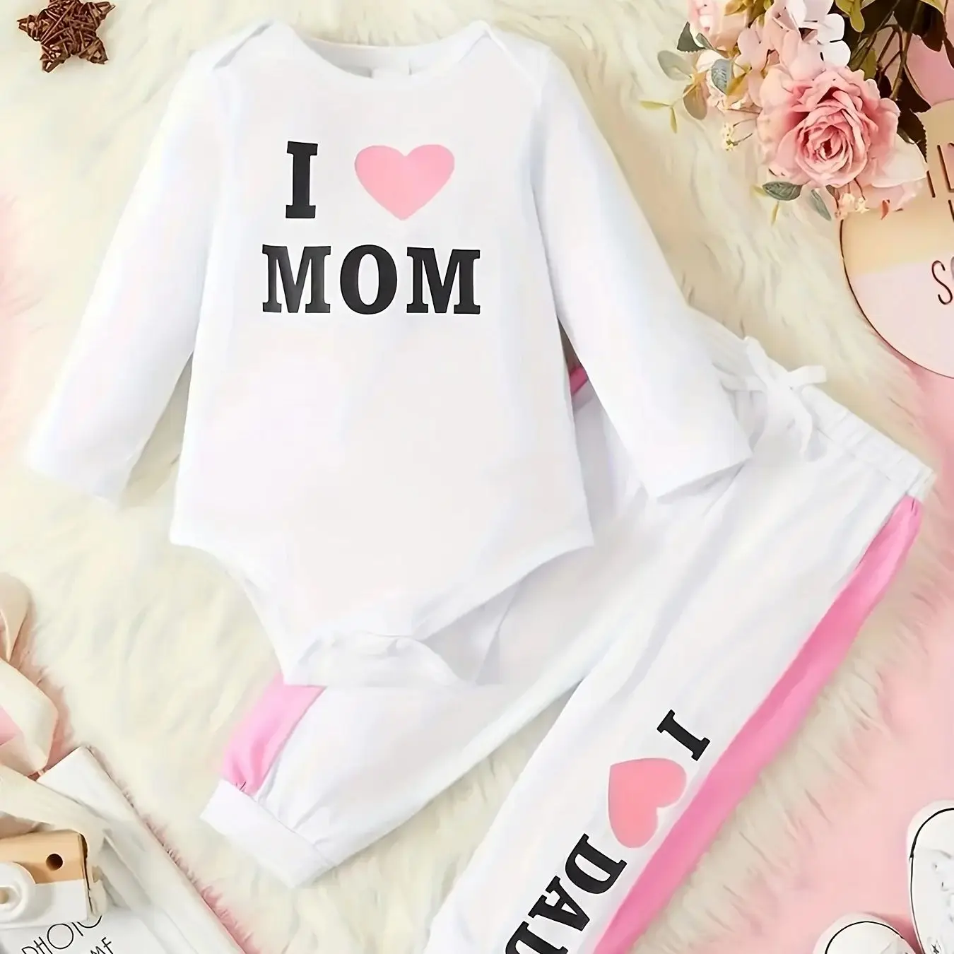 �Outfit-Set „I Love Mom & Dad“ für Babys | Langarm-Body + rosa-Akzent-Jogginghose zweiteilig“ – Detail 1