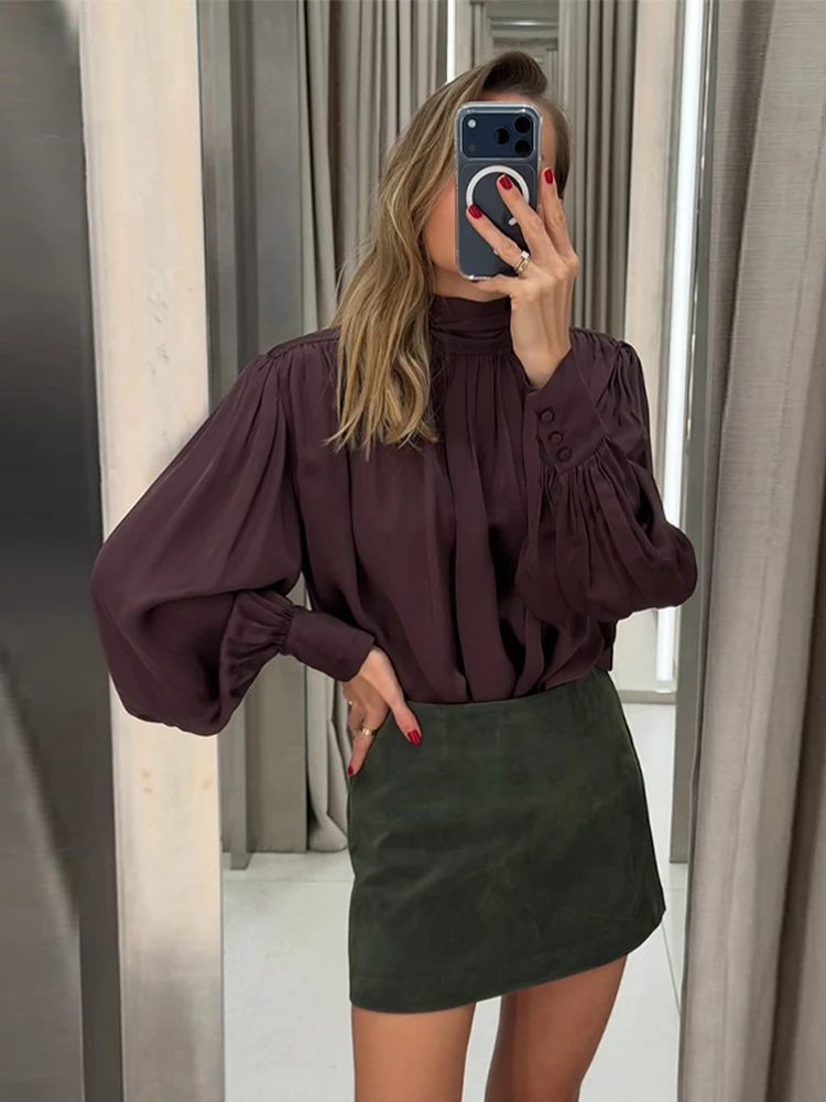 Rollkragen-Bluse mit Schnürung an den Schultern und Plissee für Damen, Langarm, Einfarbig, Figurbetont, Frühling-Sommer-Chic, Clubwear – Detail 15