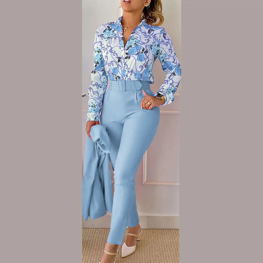 

Women Shirt Pants Set Elegant Fashion V Neck Floral Print Long Sleeve High Waist Two Piece Set Office Lady Casual Trousers Suits