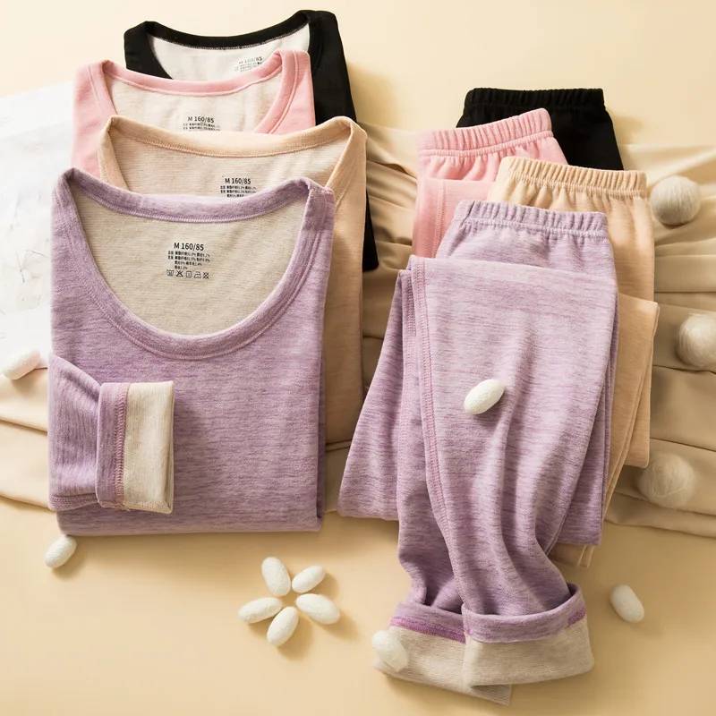 Thermal Underwear Set Women Wool And Silk Double Layer Thickened Fleece Brushed Thermal Shirt Mens Leggings Sexy Pants