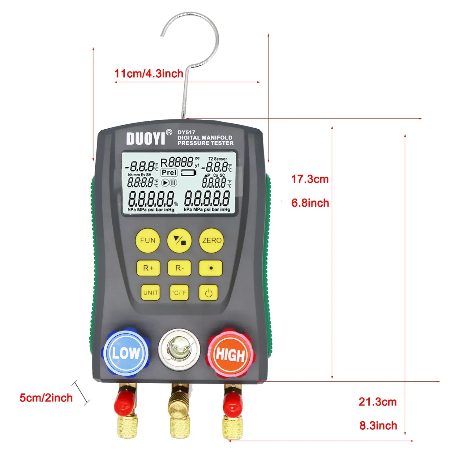 Refrigeration Pressure Tester DY517 Pressure Gauge Refrigeration Digital Vacuum Pressure Manifold Tester Air Conditioning Temperature Tester Valves Tool Kit