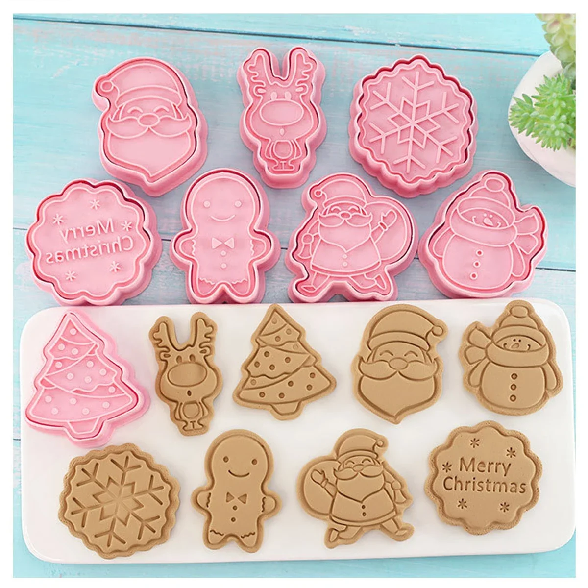 8Pcs Cookie Cutter Press Christmas Santa Claus Biscuit Mold Plastic Cookie Stamp Confectionery Kitchen Baking Pastry Tools