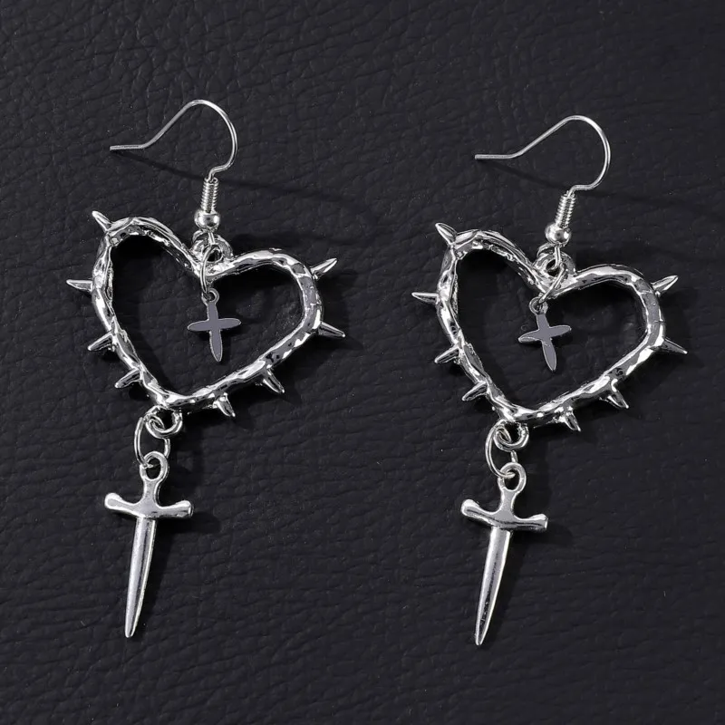 Silver Color Cross Heart Pendant Hoop Earrings for Women Vintage Gothic Dangle Earring Jewelry Gifts