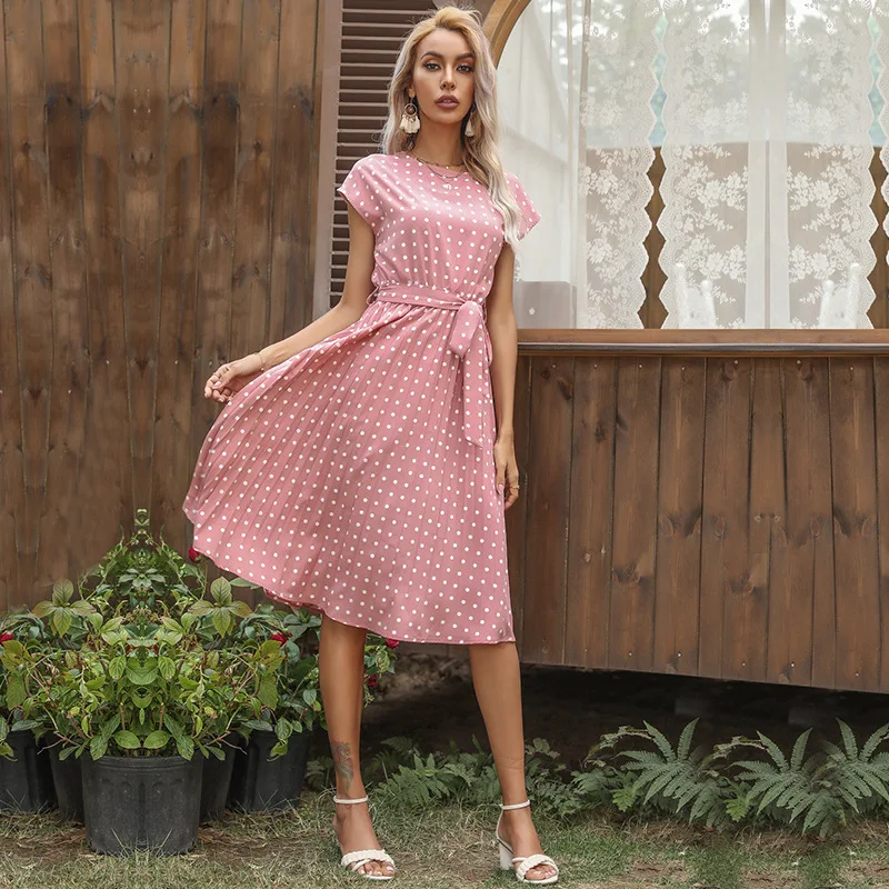 

Fashion A-Line Slim Fit Lace Up Dress Retro Small Round Dot Dress Party Elegant Temperament Women Dress