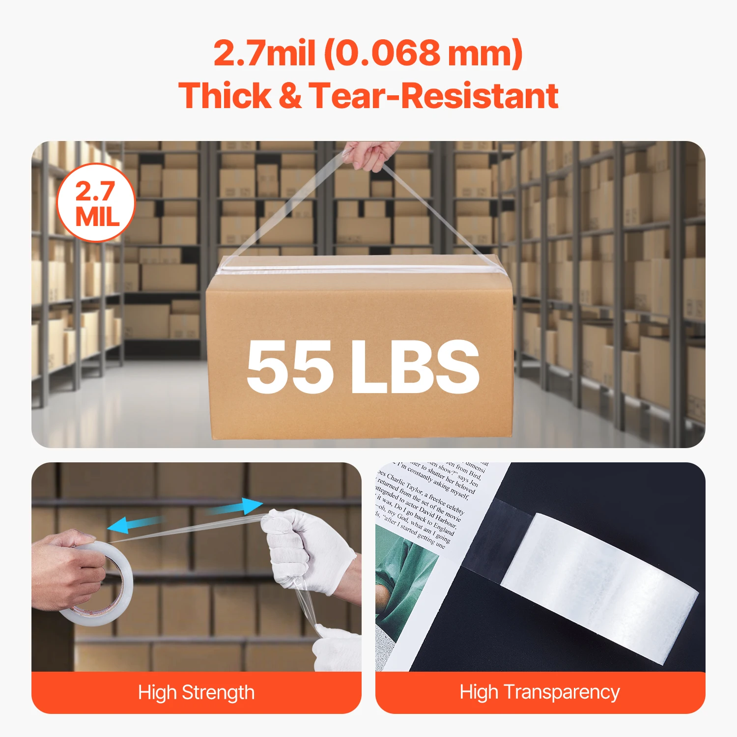 SucceBuy 6 Rolls 59M Transparent Tape BOPP Paper Packaging Sealing Tape with 6pcs Dispenser for Box Moving Packing, Shipping