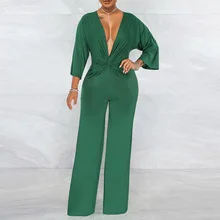 

Office Jumpsuit Women One Piece Overalls Plain Long Sleeves Pleated Fashion Sexy Deep V Neck Female Lady Loose Jumpsuits 2022
