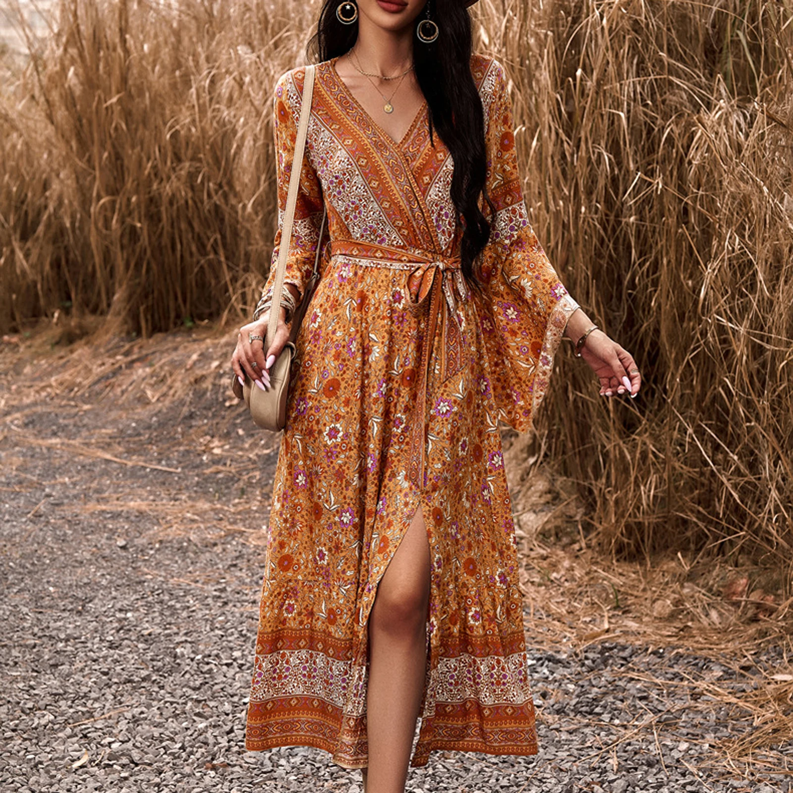 

Women's Bohemia Long Dress Long Sleeve Wrap V-Neck Floral Print Tie Front Slit A-Line Beach Dress for Holiday