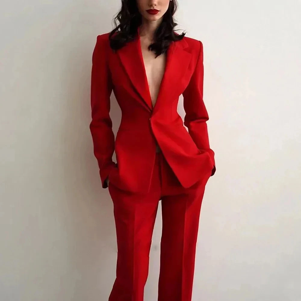 Fashion Notch Lapel One Button Women Suits Two Piece Formal Wedding Party Tuxedo Elegant Daily Casual Office Slim Pants Sets 2