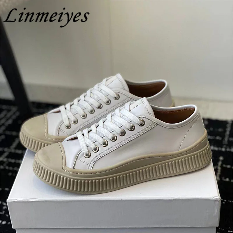 

Hot Sales Thick Sole Casual Shoes Women Round Toe Lace Up Sports Shoes Female Genuine Leather Walk Shoes Comfort Sneakers Woman