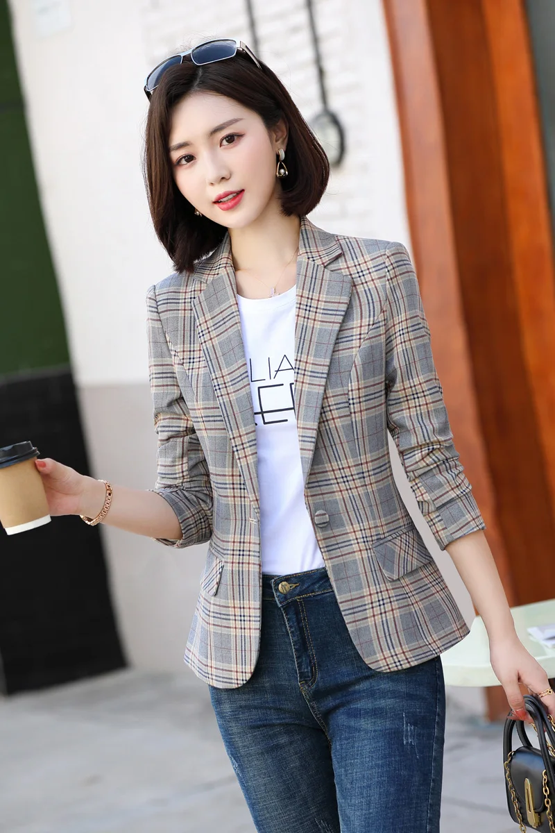 Plaid Styles Gray Black Single Button Ladies Blazers Women Sale Spring Autumn Women Suit Jacket Blazer Femme Office Tops Coats