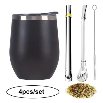 Set di tazze Mate in acciaio inossidabile 304 Tazze da tè a doppia parete da 4 pezzi con cannucce filtranti e spazzola per la pulizia per bevande calde e fredde 1