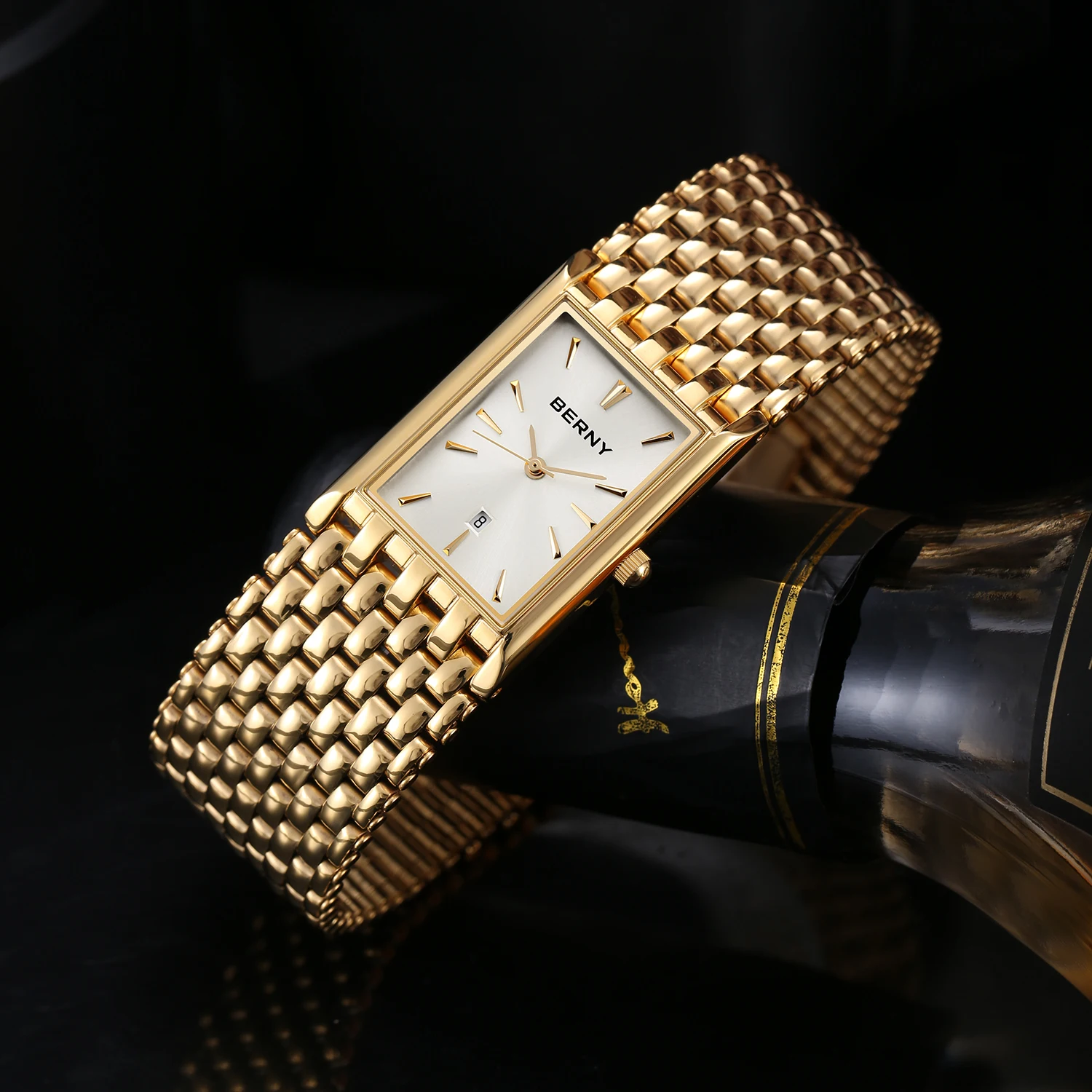 BERNY Men Quartz Watch Japan MIYOTA Stainless Steel Golden Luxury Men's Wristwatch Waterproof 3ATM Gold Chain Watch For Men
