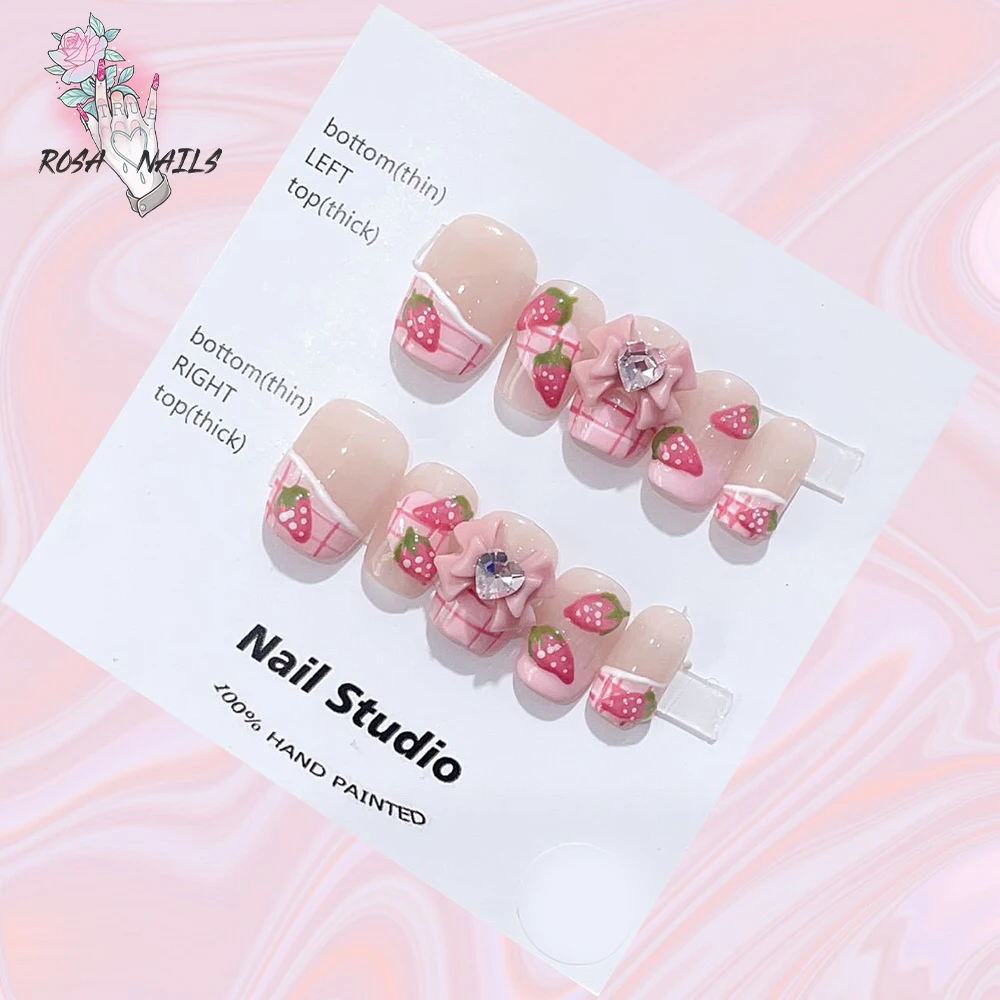 10 Stück rosa handgemachte Press-on-Nagelkunst mit niedlichem handbemaltem Erdbeer-Design Presson Nail Kawaii Short Square Falsche Nägel Tipps – Detail 1