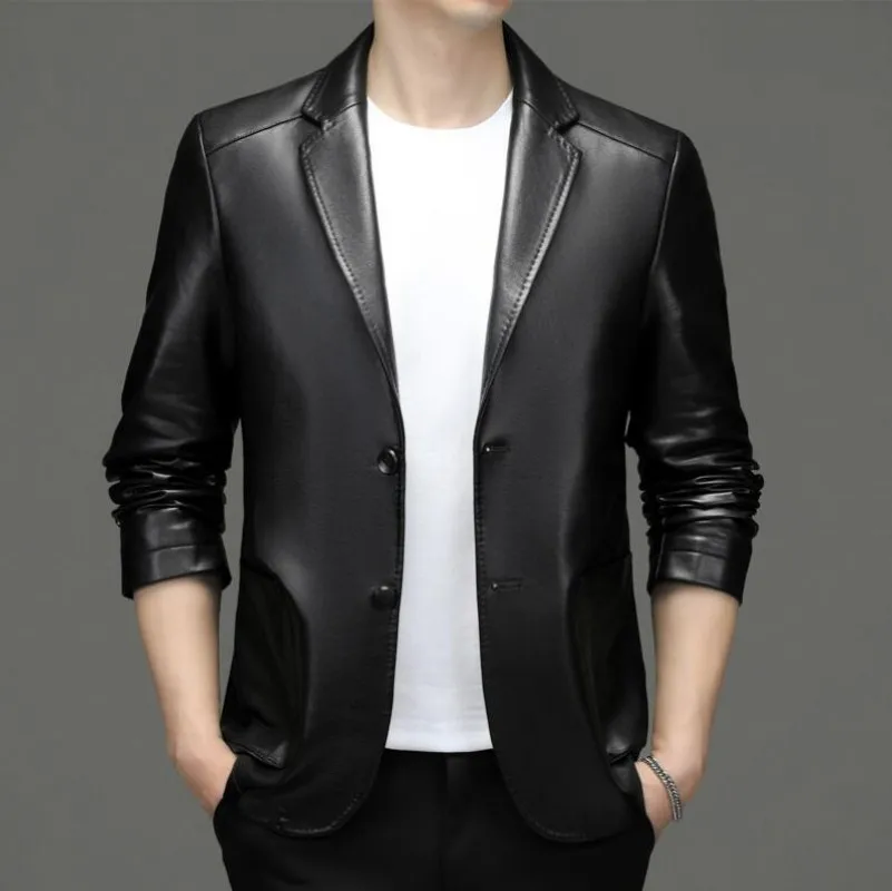 

Повседневный мужской жакет из натуральной овечьей кожи, тонкая куртка Slim, черная, коричневая, синяя, весна-осень