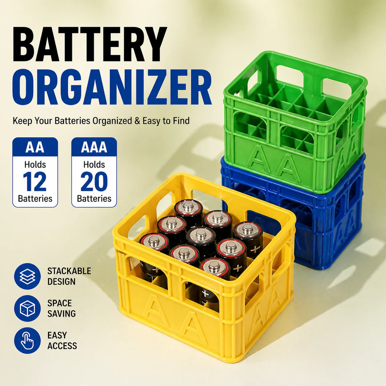 Stackable 3D-Printed Mini Crate Battery Organizer