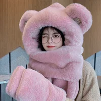 Winter New Style Thickened Warm Plush Scarf All-in-one Hooded Scarf Three-in-one Cute Bear Ears Hat Female Hooded Bib Ski Mask 1